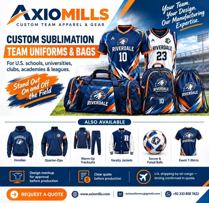 Axiomills custom sublimation team uniforms and bags for U.S. schools, universities, clubs, academies and leagues, with hoodies, quarter-zips, tracksuits, varsity jackets, soccer balls and event T-shirts also available
